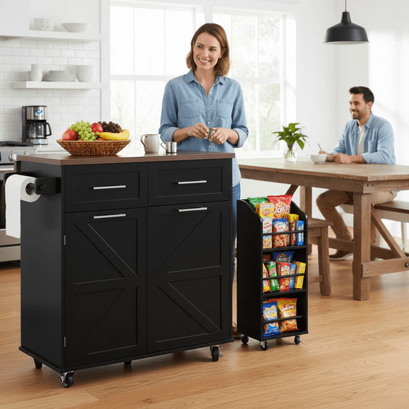 47" Kitchen Island with Drop Leaf, Rolling Kitchen Dining Cart with Trash Can Storage, Two Drawers, Removable Side Racks and Towel Rack for Home, Black