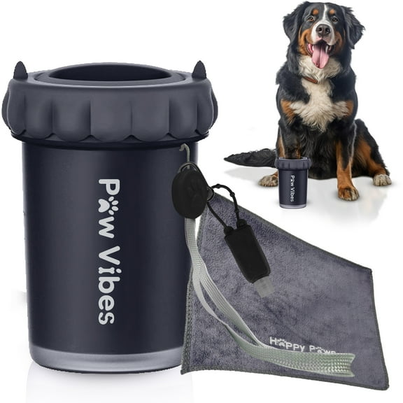 Paw Vibes Portable Dog Paw Cleaner for Medium & Large Dogs – Pet Paw Washer Cup with Towel & Soap Dispenser, Black
