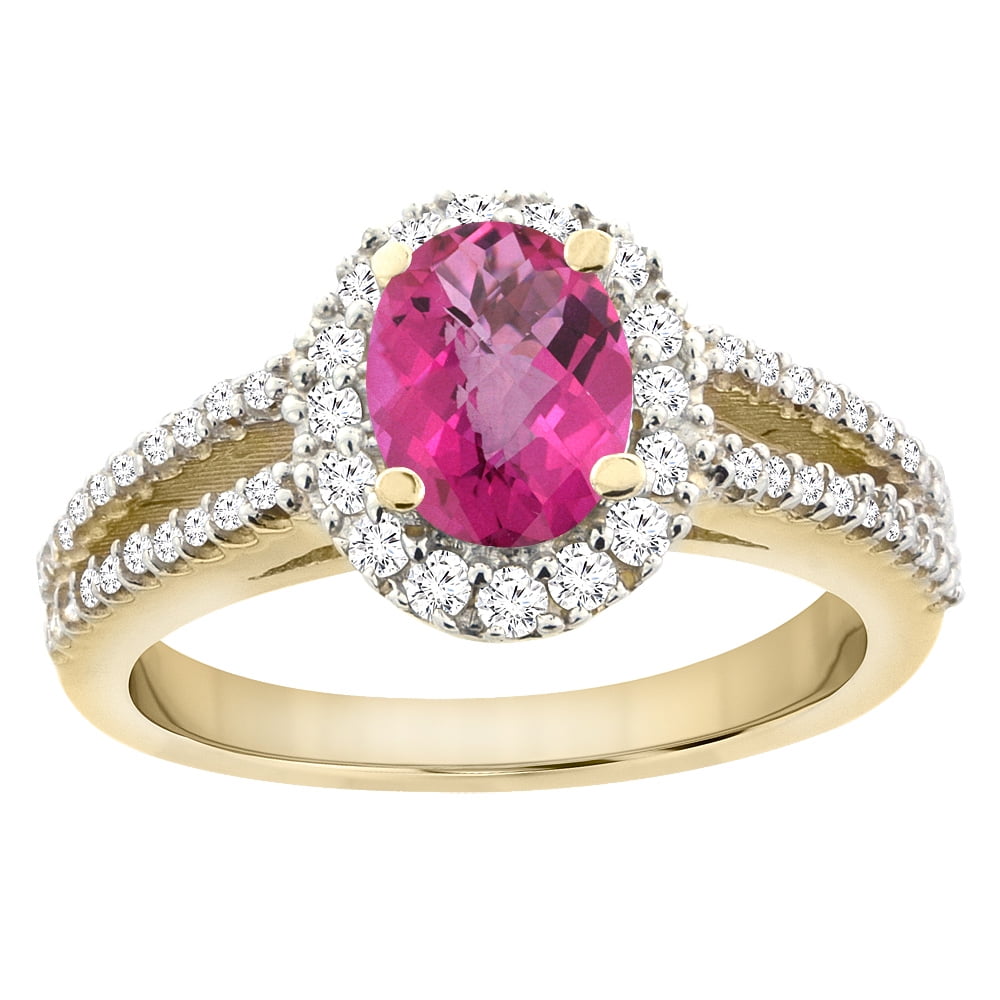 14K Yellow Gold Natural Pink Sapphire Split Shank Halo Engagement Ring Oval 7x5 mm, size 5 by Gabriella Gold
