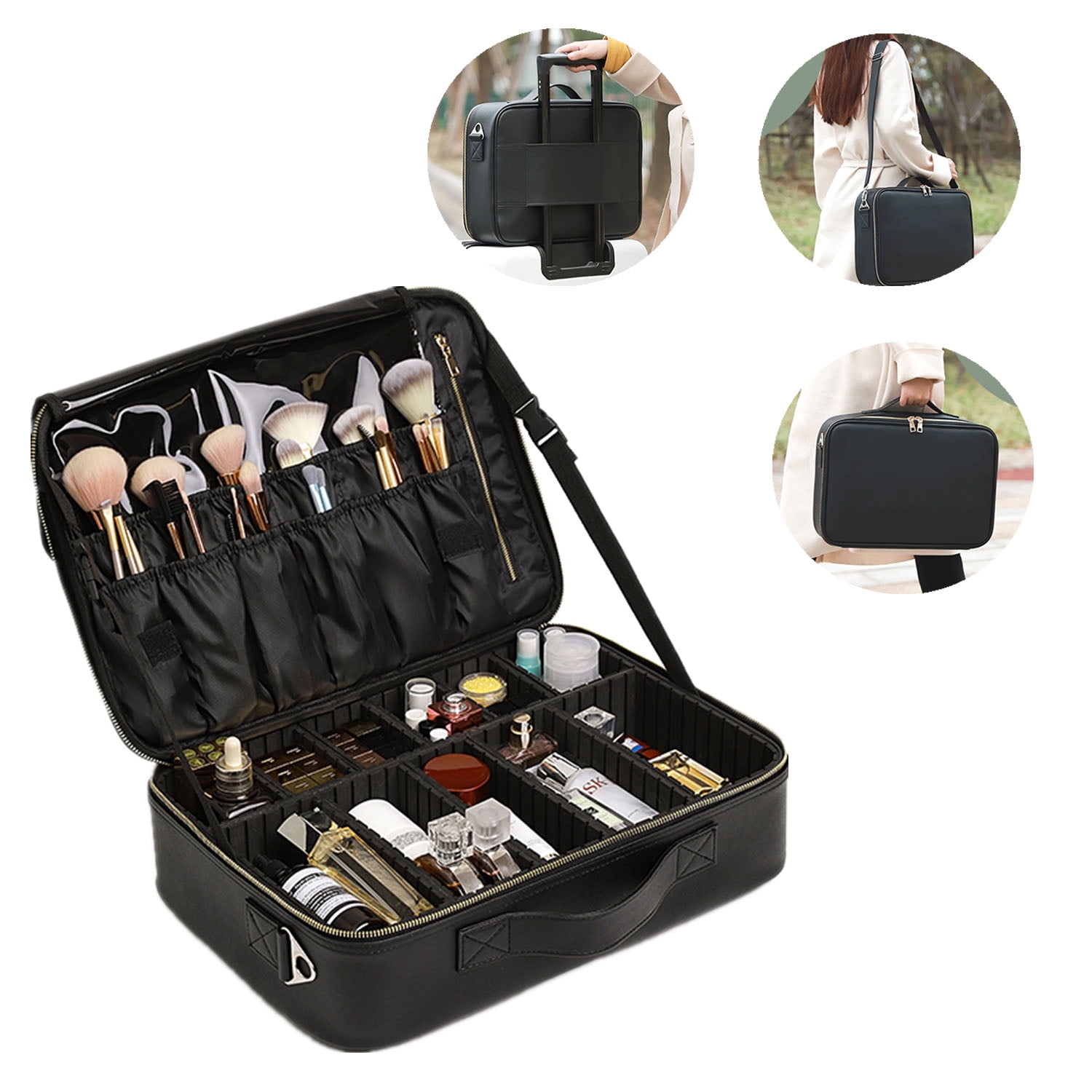 Large Makeup Bag, BAGSMART Double Layer Cosmetic Bag Travel Makeup Case  Organizer with Shoulder Strap for
