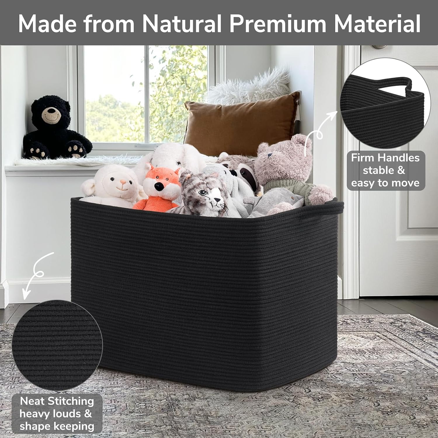 PrimeCook Shop Large Woven Storage Basket, 105L Extra Large Blanket Basket for Living Room, Bedroom, Rectangle Cotton Rope Organizer for Toy Storage, 25”x16”x16”, Black