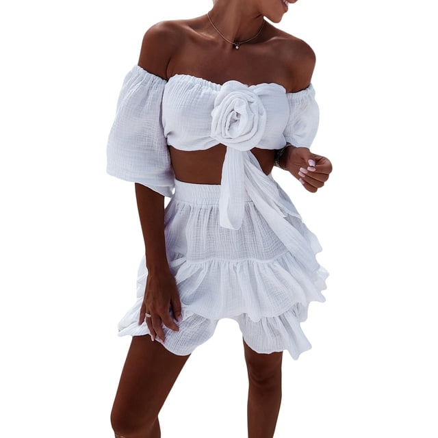 FOCUSNORM Ensemble d'Été 2 Pcs pour Femmes Haut Court Rosette 3D Épaules Dénudées + Mini Jupe à Volants