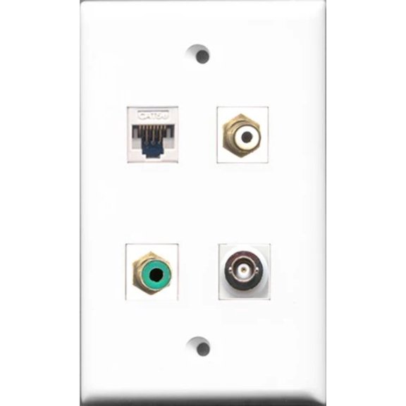 RiteAV 1 Port RCA White and 1 Port RCA Green and 1 Port BNC and 1 Port Cat5e Ethernet White Wall Plate