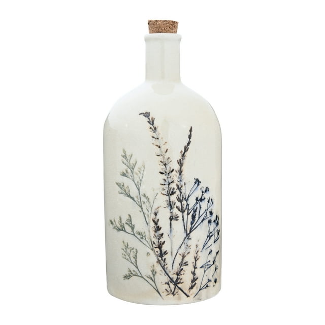 Creative Co-Op 24 oz. Stoneware Debossed Floral Bottle with Cork Stopper & Reactive Glaze Finish (Each one will vary)