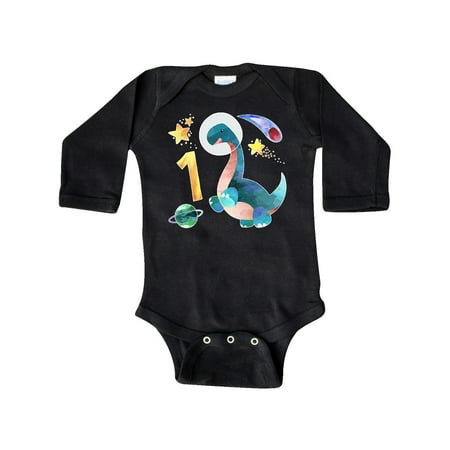 

Inktastic First Birthday Dinosaur Astronaut with Stars and Planet Gift Baby Boy or Baby Girl Long Sleeve Bodysuit