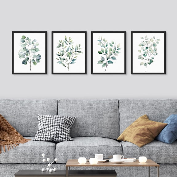 PixonSign Framed Wall Art Green Leaves Plants Floral Botanical Posters, Set of 4 Nature Wilderness Country/Farmhouse Canvas Prints, Rustic Cozy Zen Wall Décor for Home Decor - 12"x16" Black