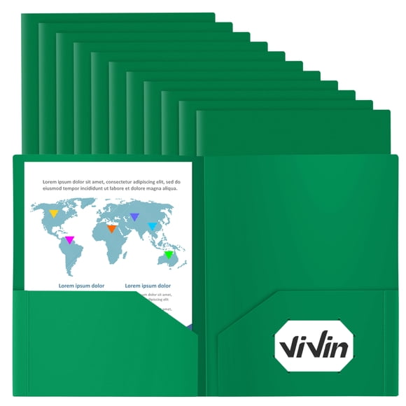 Vivin 12-Pack Sturdy Plastic Folder with 2 Pockets, Green