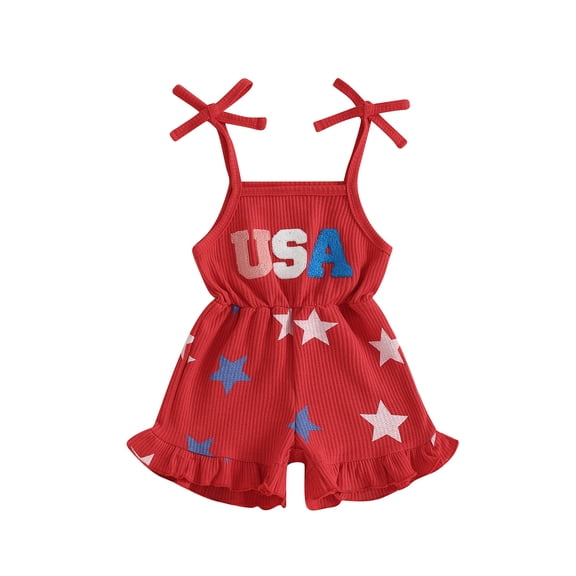 BemeyourBBs Toddler Baby Girl 4th of July Overalls Romper Fourth of July Outfit Baby Girls Memorial Day Independent Day Clothes Summer Patriot USA Star Strap Tie Shoulder Ruffled Shorts Jumpsuit