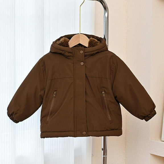 AUNVITO Girls & Boys Winter Fleece-Lined Thickened Hooded Coat With Pockets Windproof Zipper Closure 2-12Y Solid Color Warm Outerwear
