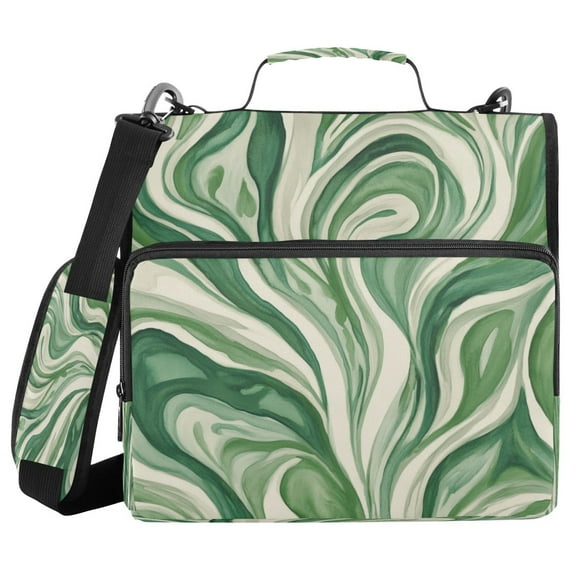 Water-Resistant 3-Ring Binder Organizer with Multiple Pockets Zipper Binder Bag for Office Green and White Swirling Lines