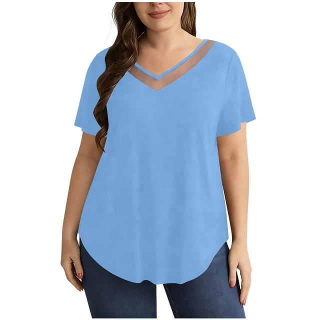 StSilkitty Summer Casual T-Shirts for Womens Plus Size Short Sleeve V Neck Shirts Solid Color Lightweight Soft Tops