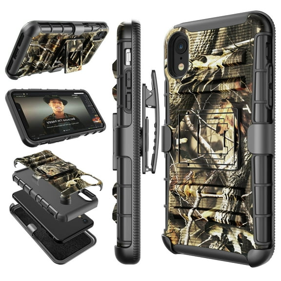 iPhone Xs Max 6.5" / iPhone XR 6.1"/ iPhone XS 5.8"/ iPhone X 5.8"Case Holster Belt Clip, Shock Absorbing Secure Swivel Locking Belt Defender Full Body Kickstand Carrying Camouflage Cover