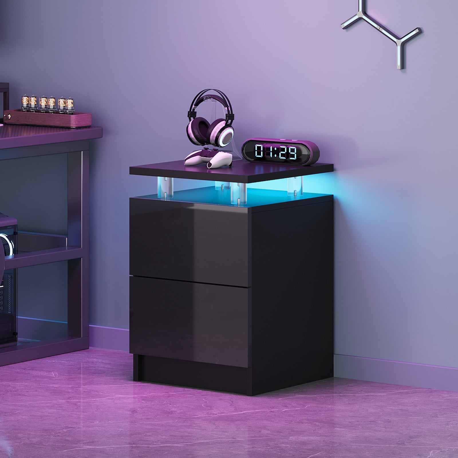 BaPiPro LED Nightstand Set of 2, Modern LED End Table with 2 Drawers, Bedside Table with Lighting for Bedroom, Living Room, Black