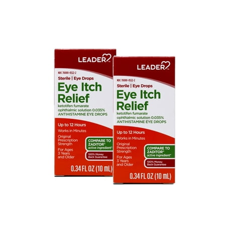 2 Pack - LEADER Sterile Eye Drops for Eye Allergy & Itch Relief, Ketotifen Antihistamine Solution 0.035%, Up to 12 Hours, Prescription Strength 0.34 fl oz