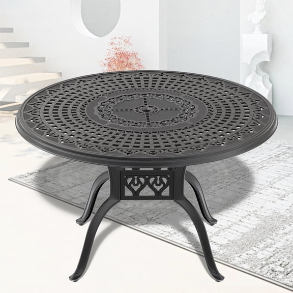 Miekor Furniture Ø47.24-inch Cast Aluminum Patio Dining Table With Black Frame and Umbrella Hole No.3335