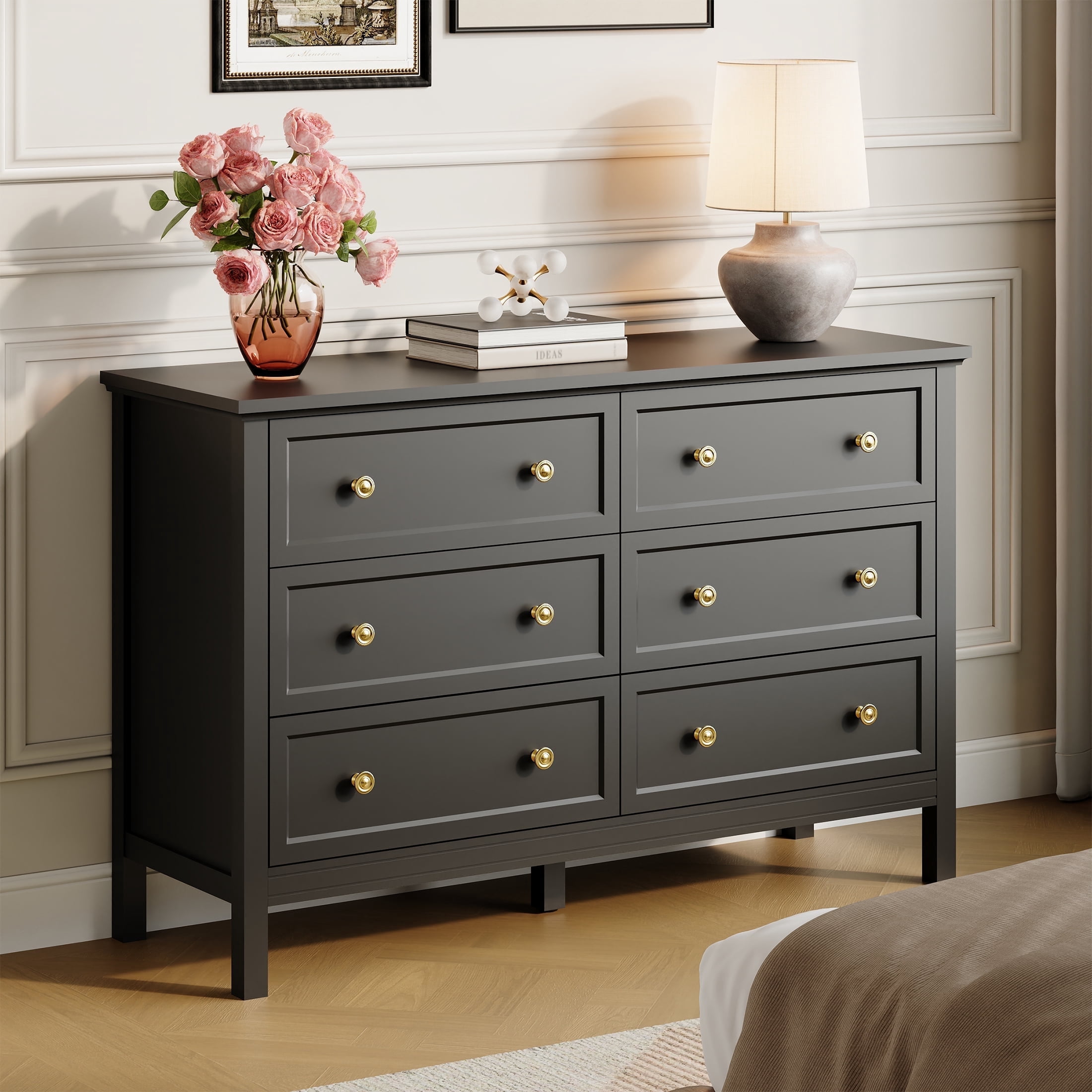 YouTrend Black Dresser with 6 Drawer for Bedroom,Traditional Adult Chest of Drawers with Golden Handles for Living Room,Hallway