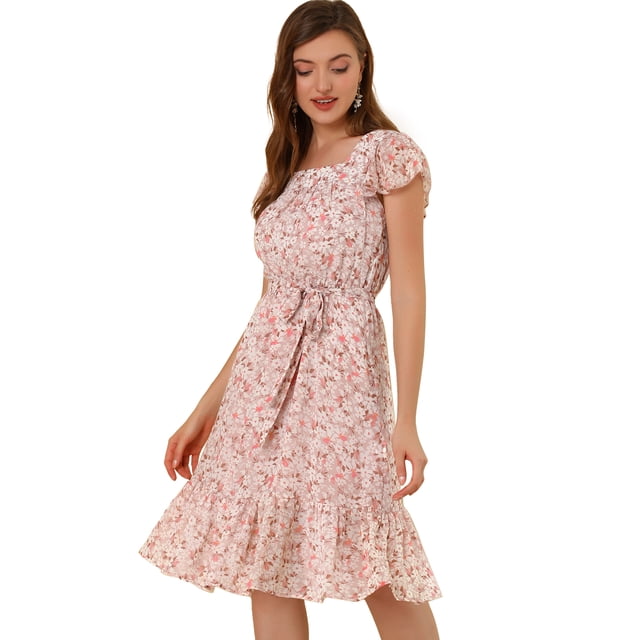 Vestido midi Allegra K con Cinturón cuello cuadrado Rosa Blanco L