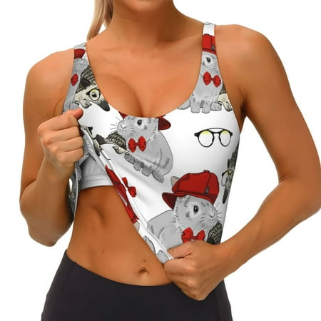 Qokaie Rabbit And Hedgehog Pattern Womens Scoop Neck Sports Bra Breathable Workout Vest Padded U Back Medium Impact Fitness Gym Yoga Bra Workout Crop Top