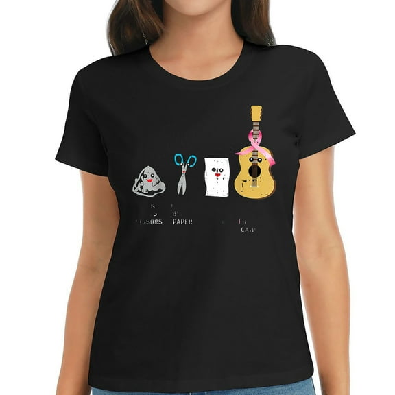 Womens T Shirt Rock Paper Scissors Guitar Fighting Cute Breast Cancer Gifts Shirts Black 2XL