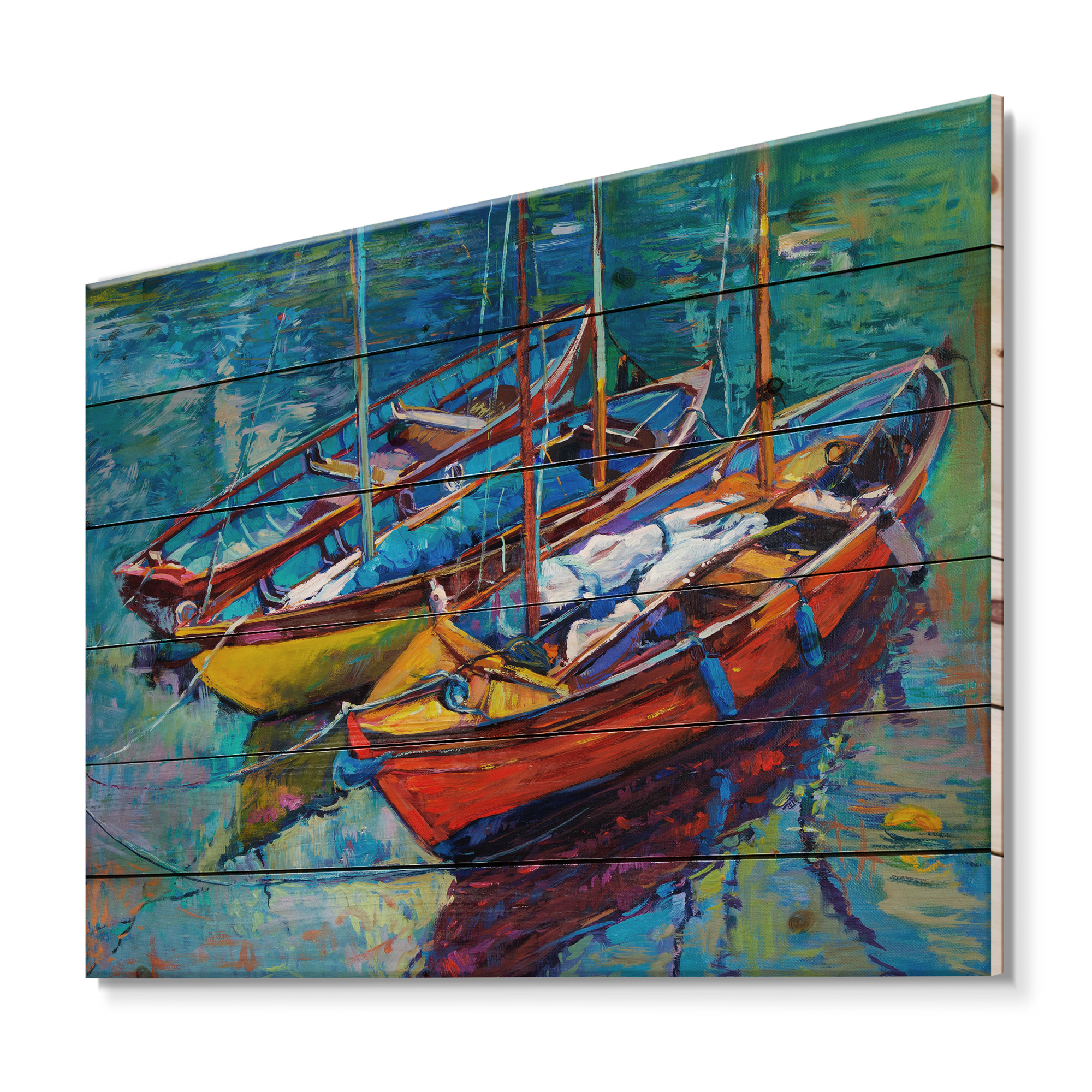 Designart 'Three Colorful Boats In The Harbor' Nautical & Coastal Print on Natural Pine Wood