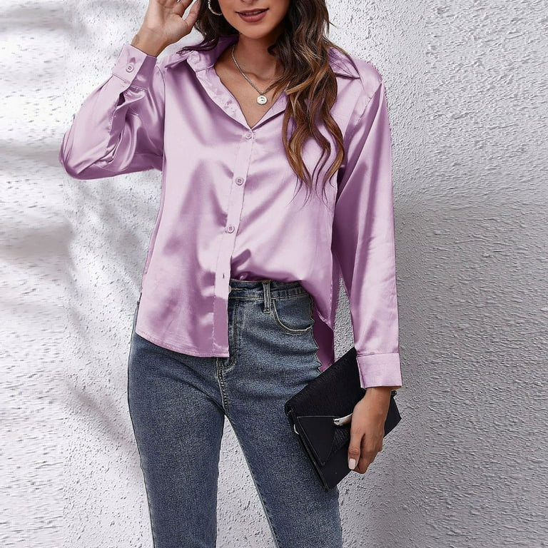 XFLWAM Silk Button Down Shirts for Women Long Sleeve Lapel Loose Drop  Shoulder Satin Blouse Top Purple XL