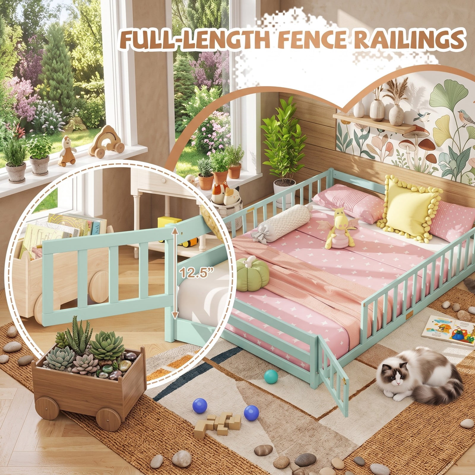 Furnibear Queen Bed Frame, Montessori Floor Bed with Full Length Safety Guardrails and Lockable Gate, Queen Wood Floor Bed for Kids Room, Mint Green