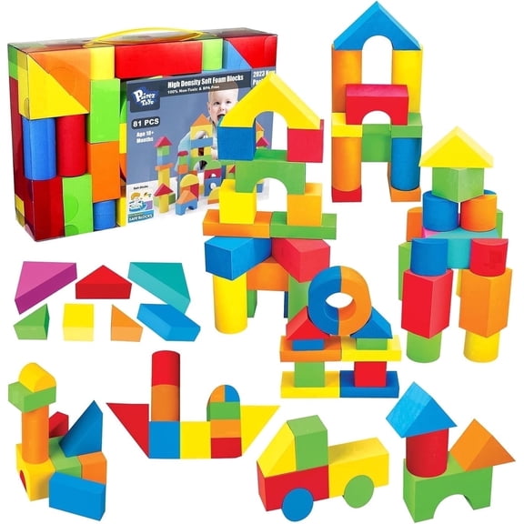 Pairez Toys Foam Building Blocks for Toddlers 1-3, 81 Pieces Soft Stacking Blocks Toy Set, Baby Bath Foam Toys, Sensory and Montosorri Toys for Boys & Girls 18 Months
