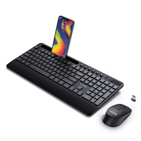 VicTsing Wireless Keyboard and Mouse Combo 2.4GHz Ergonomic Desk 104 Full Size Keyboard and Mouse with Phone Tablet Holder 6-Button & 3-DPI Silent Wireless Mouse 10 Independent Shortcuts