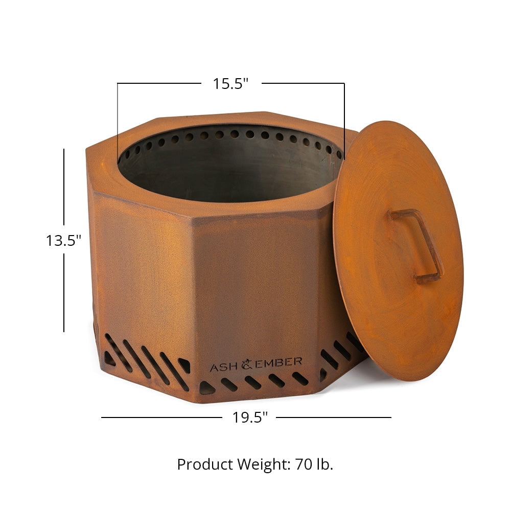 Titan Great Outdoors Corten Steel Dual Flame Smokeless Octagon Fire Pit with Lid, 13.25" x 21" Fire Pit, Patina Finish