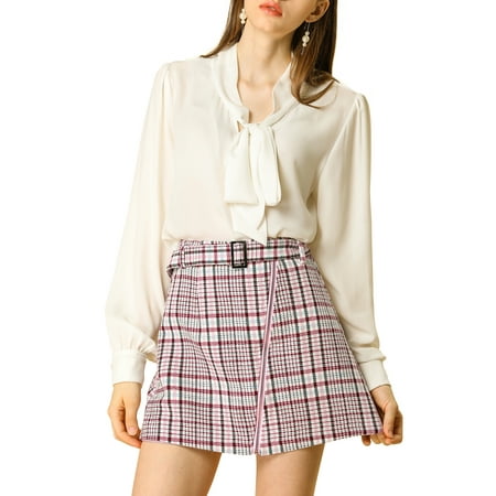 Allegra K Women's Zip Aline Short Plaids Skirt with Belt (Size S / 6) Pink