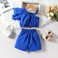thumbnail image 3 of Okbabeha Kids Girls Ruffle Sleeve Asymmetric One Shoulder Crop Tops and Shorts Skirt Solid Color Summer Outfits Set 18M-6Y, 3 of 7