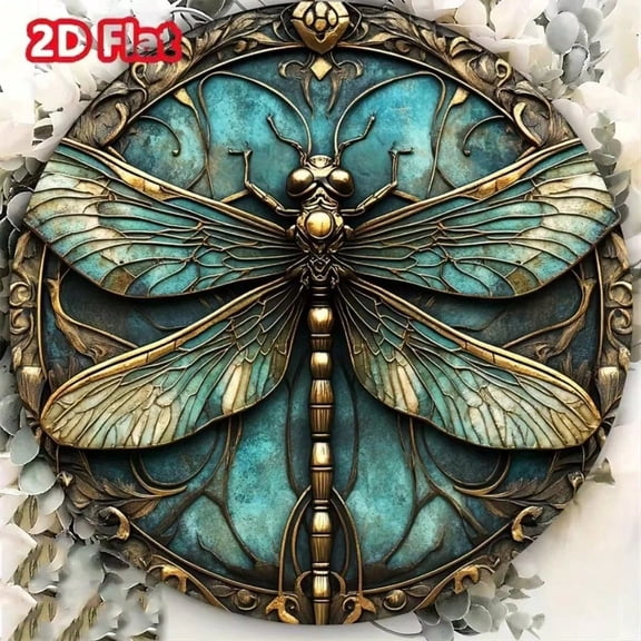 HELLOYOUNG Teal Gold Dragonfly Metal Wall Art 20x20cm Round Rustic Decor for Halloween Christmas New Year Gift