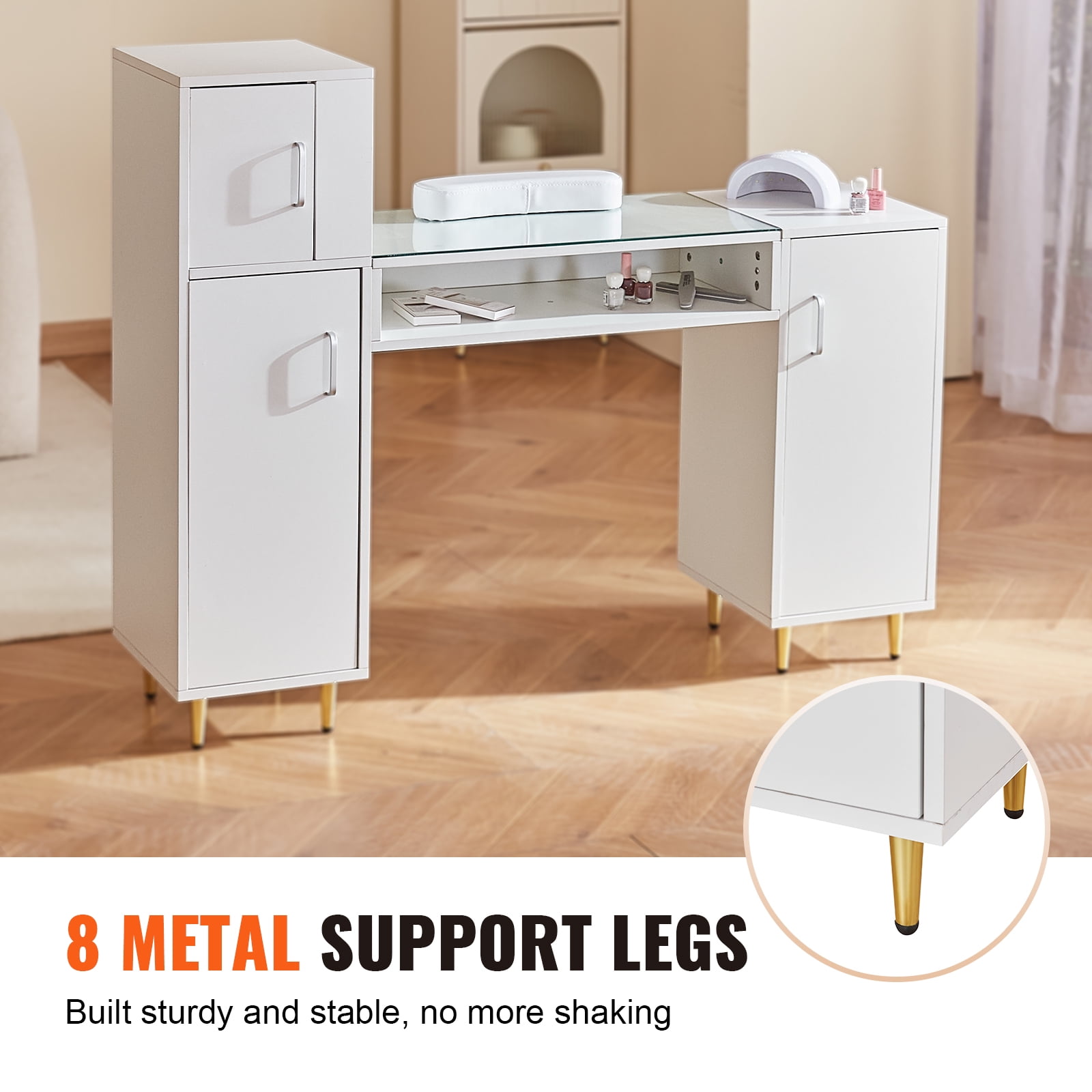 KFFKFF Manicure Station, Glass Surface Nail Table, Cosmetic and Nail Prep Desk with Organizational Compartments, Durable Nail Technician Desk for Salon Spa, Includes 8 Sturdy Legs and Wrist Support