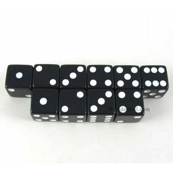 Black Opaque Dice with White Pips D6 16mm (5/8) Set of 10 Koplow Games