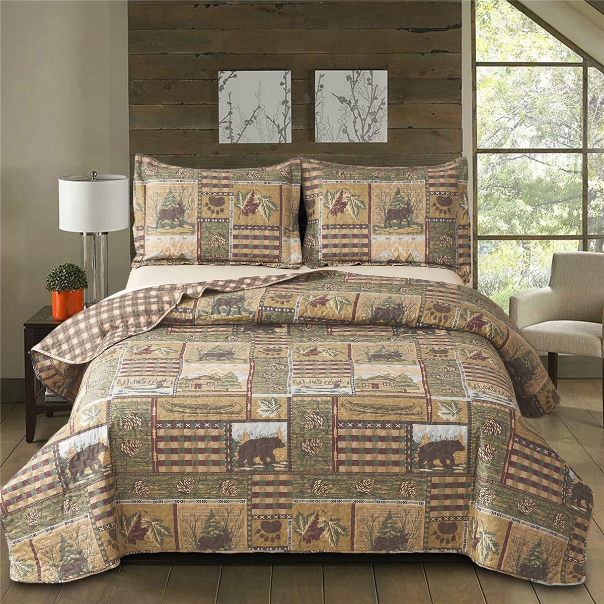 Beartech Quilt Set Twin Size Rustic Bedding Lodge Cabin Quilt Forest Bear Bedspread Coverlet Lightweight Reversible Microfiber Quilt