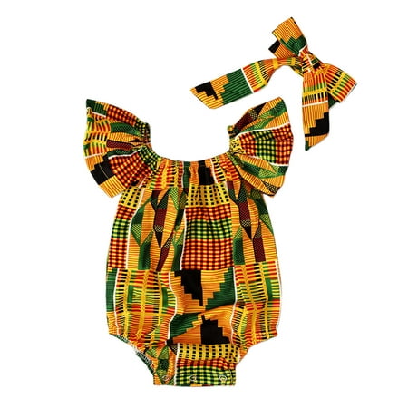 

MIUBAGIAL 0-2Y Toddler Baby Girls African Print Off Shoulder Romper Hair Band Bodysuits Clothes