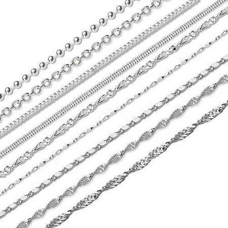 LOOKSEVEN 9 Pack Silver Plated Chain 16-24 Inches 9 Shape Styles Mixed Chain Necklace Whaline 925 Water Ripple Plated Necklace for Fashion Jewelry Making Craft