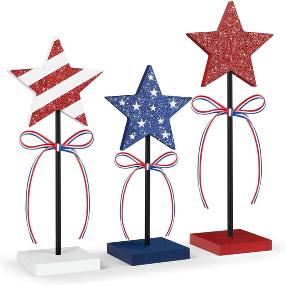 4th of July Tiered Tray Decor Set, 3 Pcs Patriotic Wooden Star Tabletop Stand Decorations, Red White and Blue Holiday Home Ornaments for Mantel(xxw)