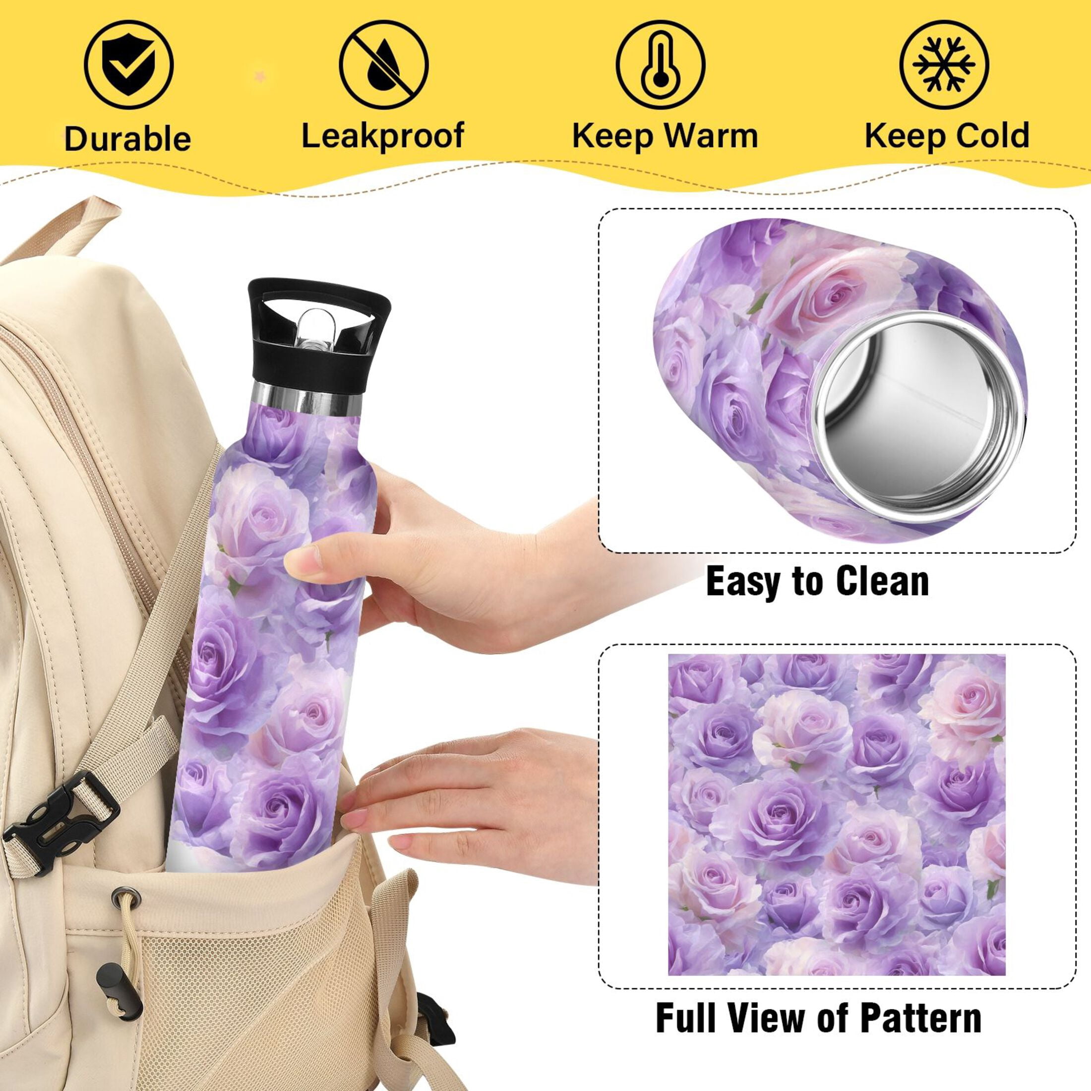 Kids Insulated Stainless Steel Sports Water Bottle 600ml (20oz) Light Purple Roses Pattern