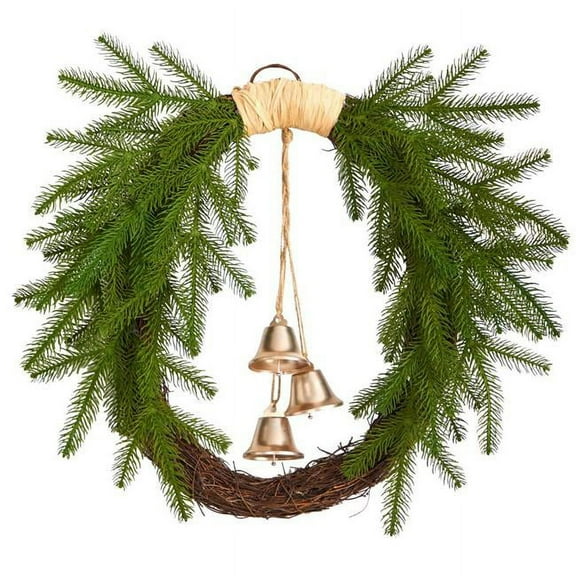 24 in. Holiday Christmas Pine & Hanging Bells Wreath - Brown