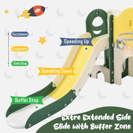 9-in-1 Kids Slide Playset with Freestanding Spaceship Design - Slide, Tunnel, Ring Toss, Whiteboard, and Basketball Hoop for Toddlers and Kids