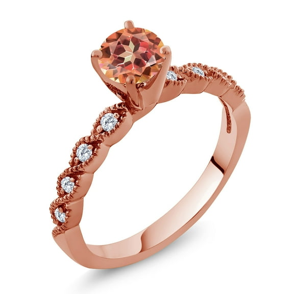 Gem Stone King 18K Rose Gold Plated Silver Ring Round Ecstasy Mystic Topaz and Moissanite (1.12 Cttw, Size 7)