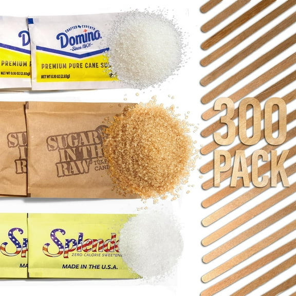 Sugar and Sweetener Assortment Packets (300 pack) with Coffee Stirrers, Individual Packets for Coffee