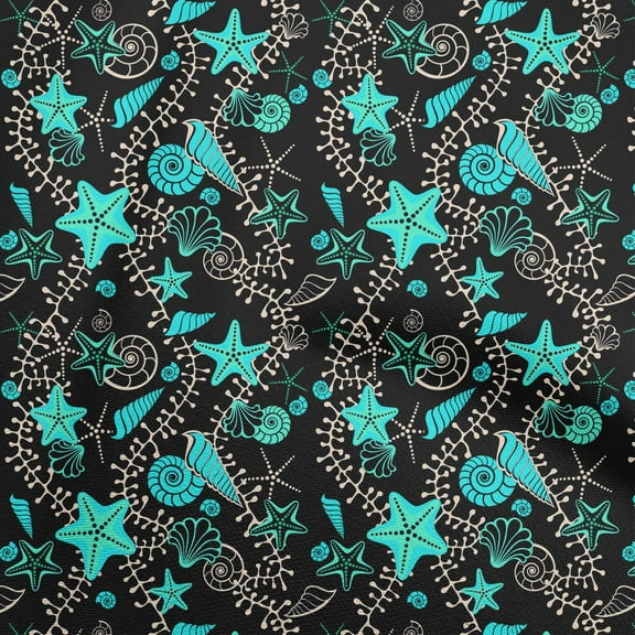 oneOone Polyester Spandex Turquoise Blue Fabric Beach Starfish &Shell Diy Clothing Quilting Fabric Print Fabric By Yard 56 Inch Wide