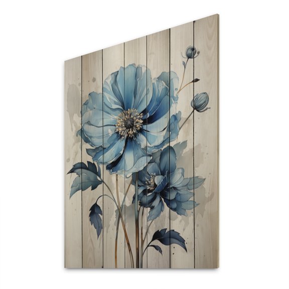 Designart "Daisy Flower Blue Minimalism wall decor I" Floral Print on Natural Pine Wood