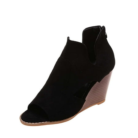 

Honeeladyy Women s Fashion Peep Toe Booties Back Zipper Fish Mouth 8CM Wedges Shoes Dress Sandals Black Discount