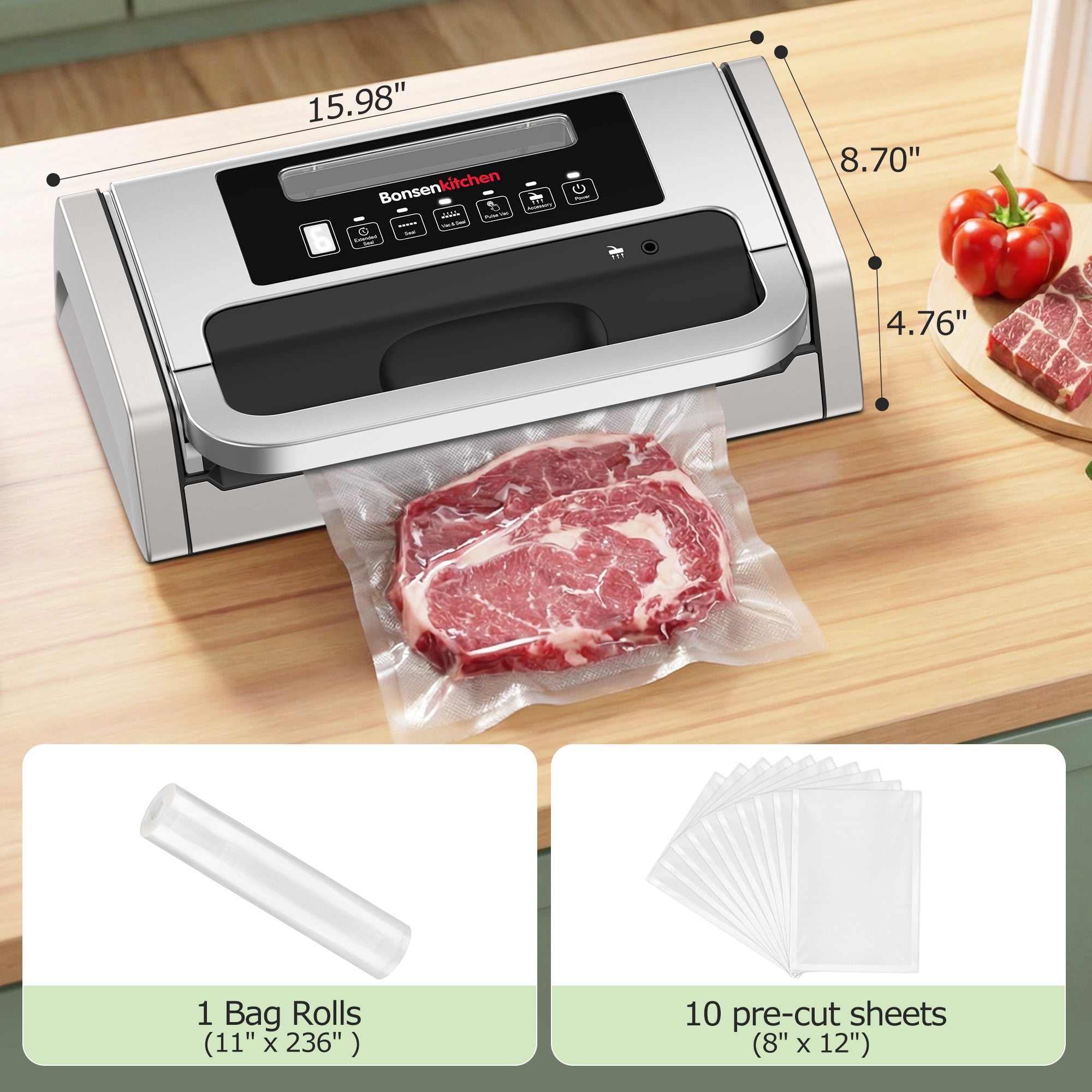Bonsenkitchen Automatic Vacuum Sealer for Food, 5-in-1 Food Sealer Machine with Bag Rolls & Pre-cut Bags, Includes Jar Suction Hose, 65dB Quiet