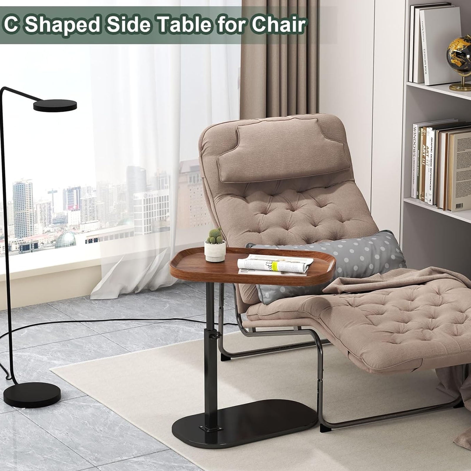 Yabanana C Shaped Side Table End Table, 360° Swivel and Adjustable Height Side Table Sofa Table for Couch(Walnut)