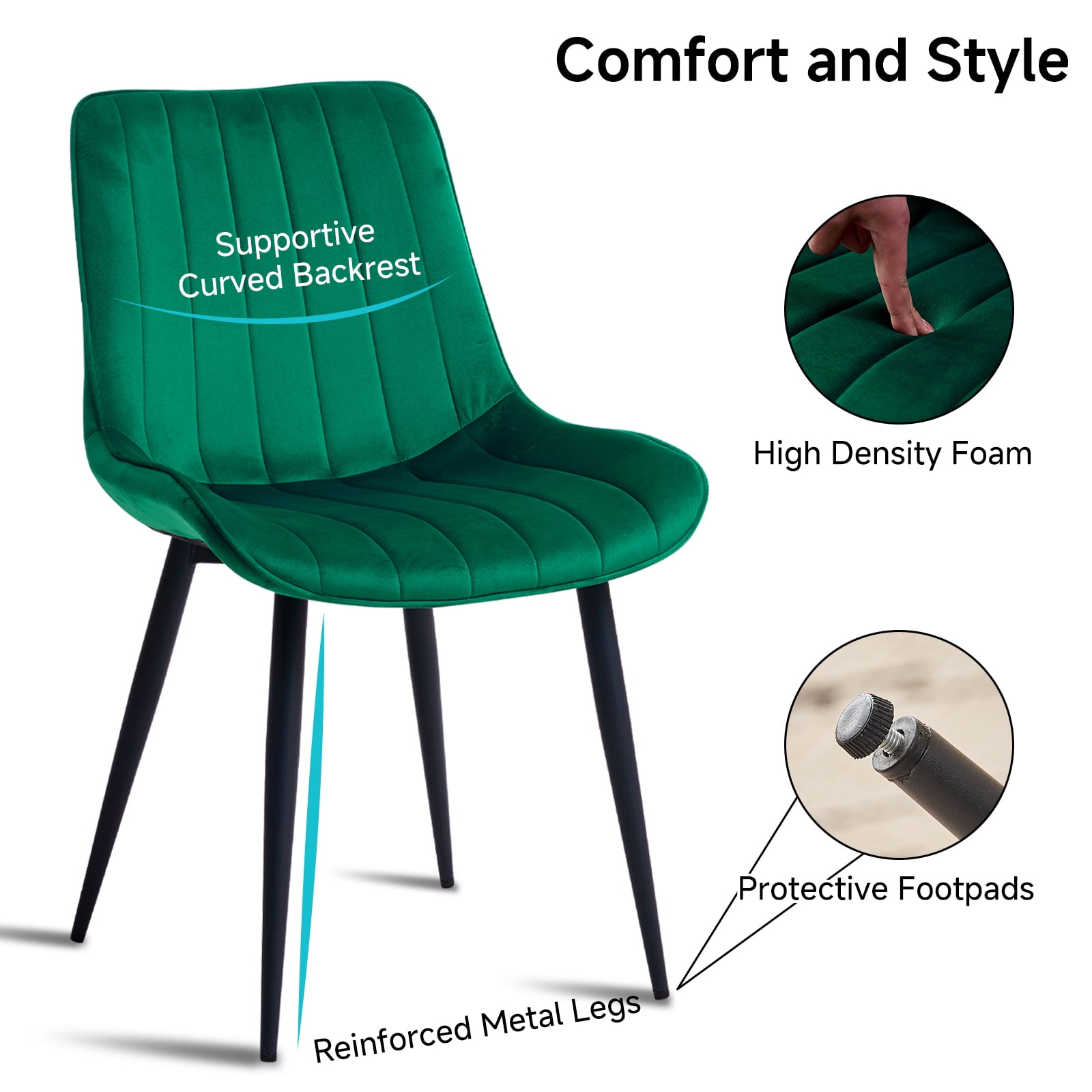 Velvet Dining Chairs Set of 2, Modern Upholstered Armless Kitchen Chair with Metal Legs for Bedroom Living Waiting Room, Green