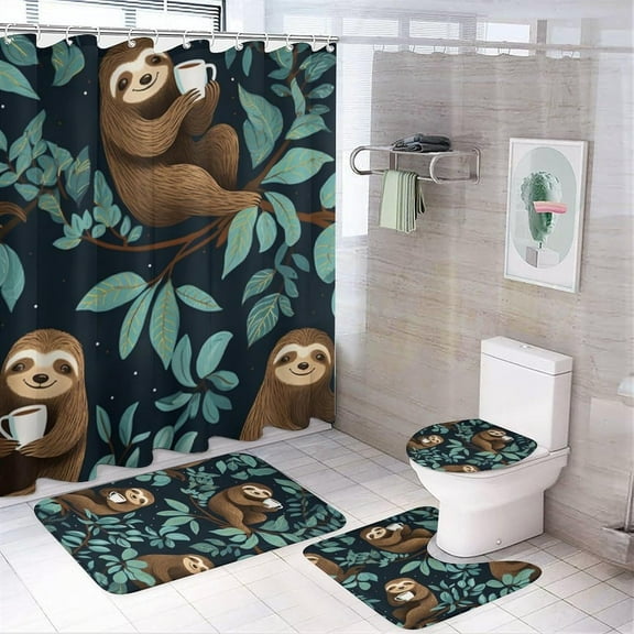 4Pcs Coffee Sloth Shower Curtain Sets, Night Cartoon Brown Animal Bathroom Set with Shower Curtain, Toilet Lid Rug, Non-Slip Rugs and Bath Mat Decor